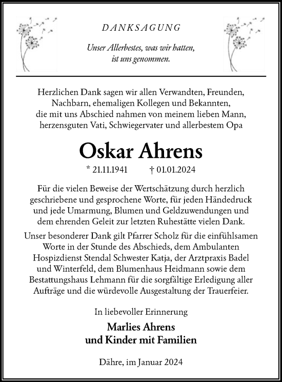 Traueranzeige von Oskar Ahrens von UEL