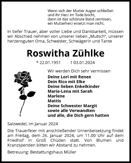 Traueranzeige von Roswitha Zühlke von UEL