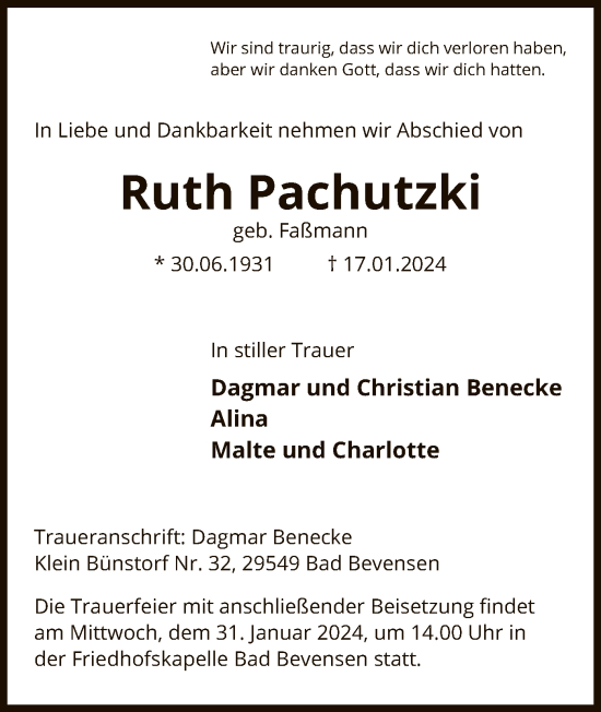 Traueranzeige von Ruth Pachutzki von UEL