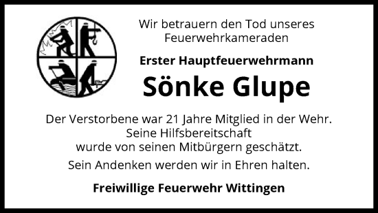 Traueranzeige von Sönke Glupe von UEL
