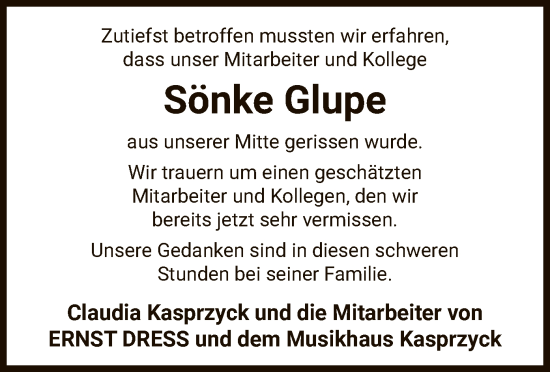 Traueranzeige von Sönke Glupe von UEL