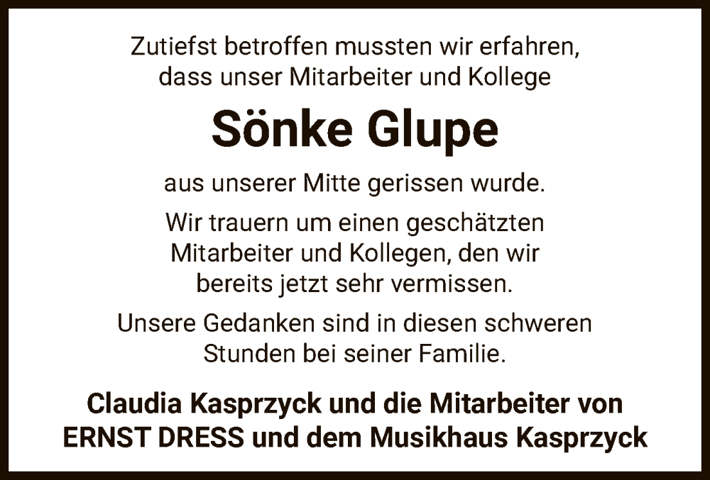  Traueranzeige für Sönke Glupe vom 27.01.2024 aus UEL