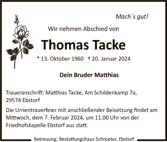 Traueranzeige von Thomas Tacke von UEL