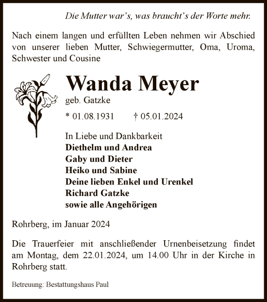 Traueranzeige von Wanda Meyer von UEL