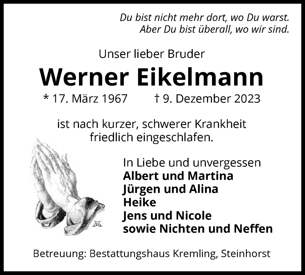  Traueranzeige für Werner Eikelmann vom 13.01.2024 aus UEL