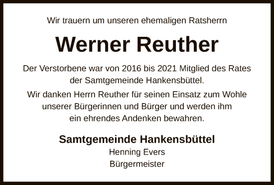 Traueranzeige von Werner Reuther von UEL