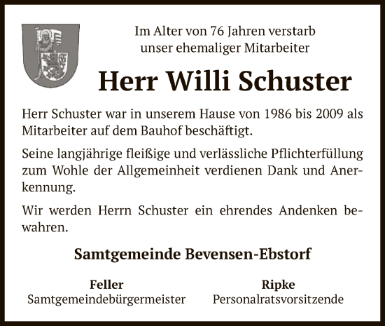 Traueranzeige von Willi Schuster von UEL