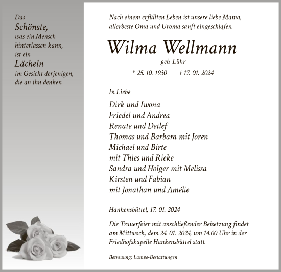 Traueranzeige von Wilma Wellmann von UEL