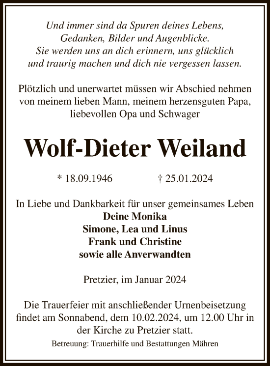 Traueranzeige von Wolf-Dieter Weiland von UEL