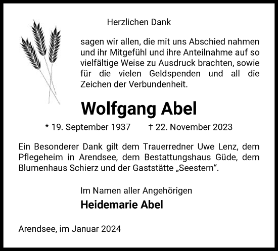 Traueranzeige von Wolfgang Abel von UEL