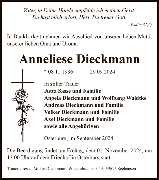 Traueranzeige von Anneliese Dieckmann von UEL