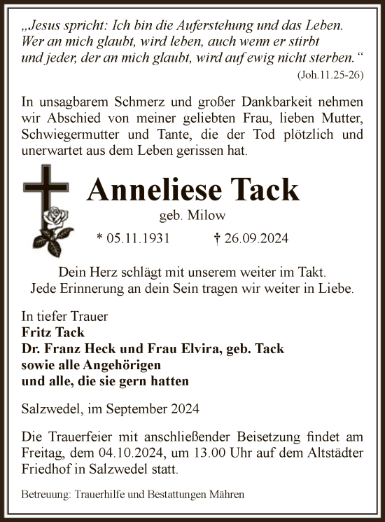 Traueranzeige von Anneliese Tack von UEL