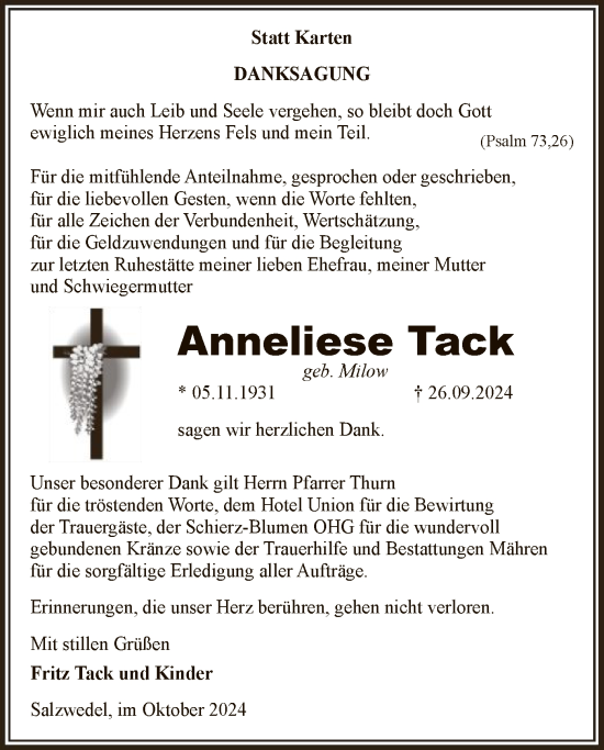 Traueranzeige von Anneliese Tack von UEL