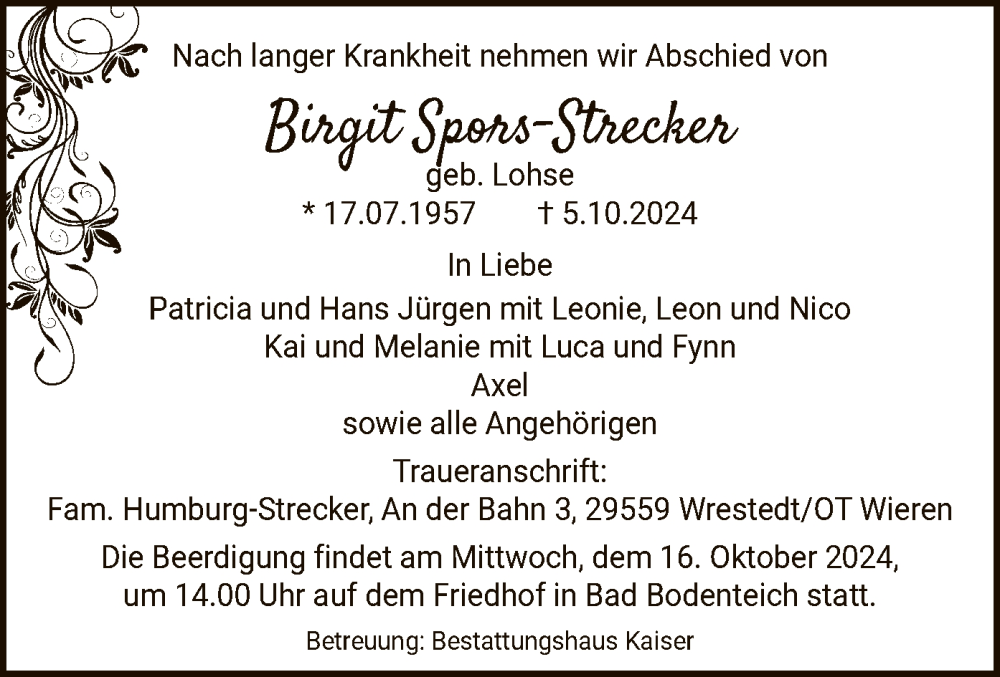  Traueranzeige für Birgit Spors-Strecker vom 12.10.2024 aus UEL