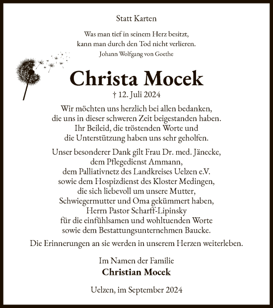 Traueranzeige von Christa Mocek von UEL