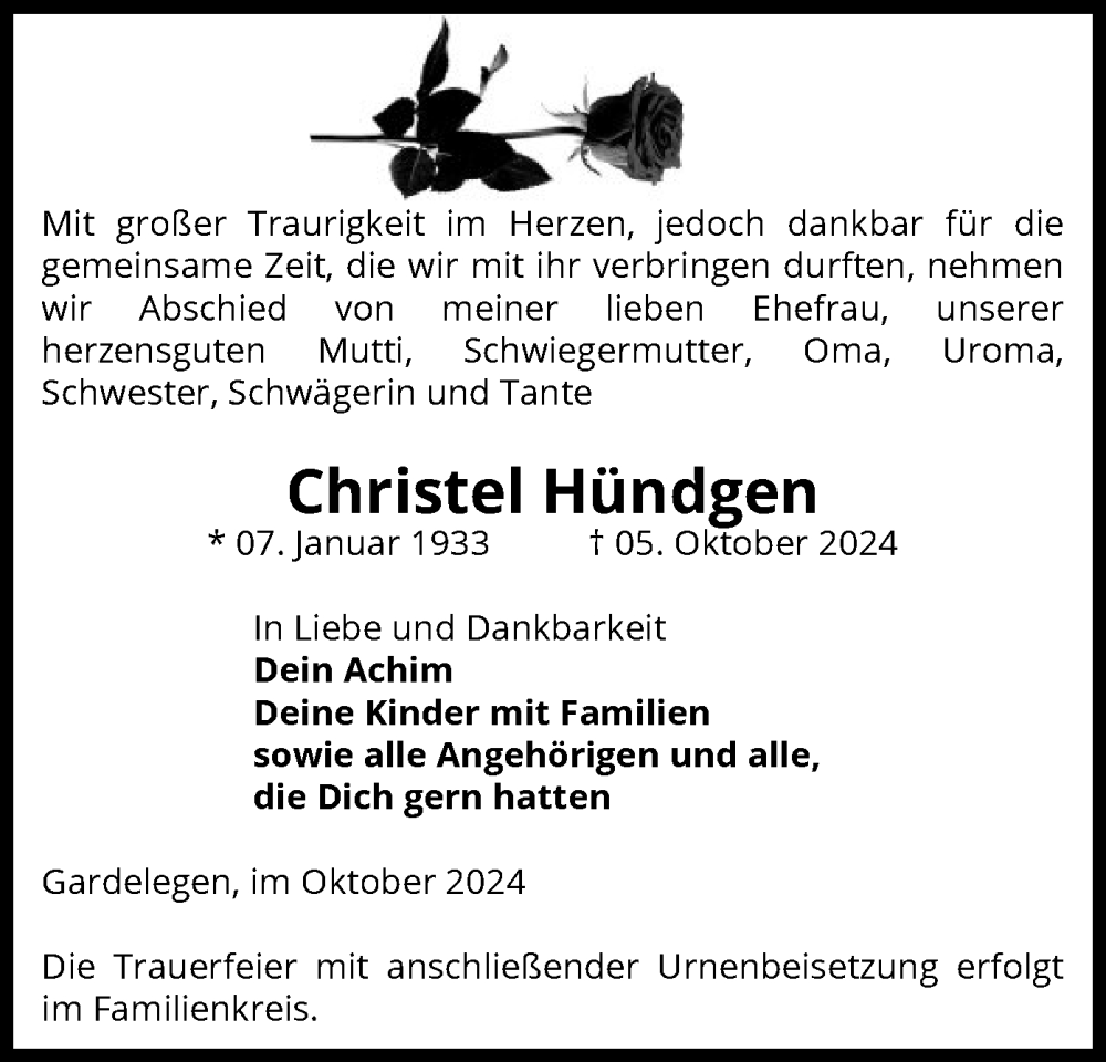  Traueranzeige für Christel Hündgen vom 10.10.2024 aus UEL