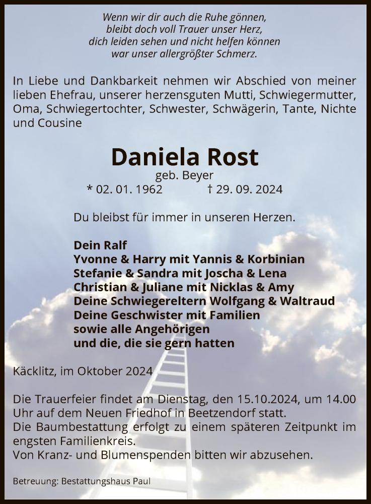  Traueranzeige für Daniela Rost vom 04.10.2024 aus UEL