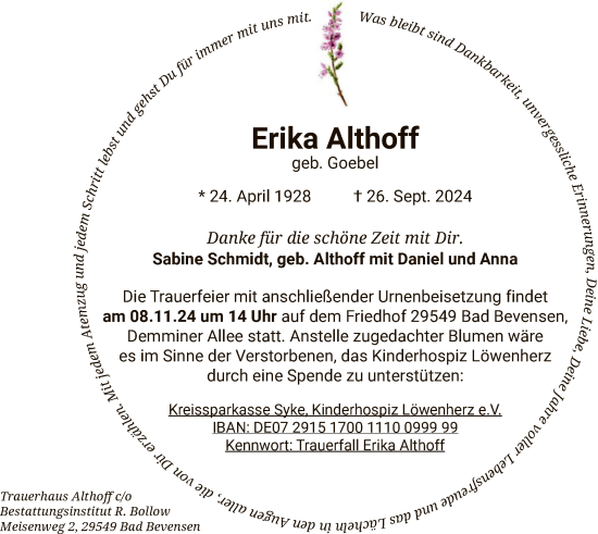 Traueranzeige von Erika Althoff von UEL