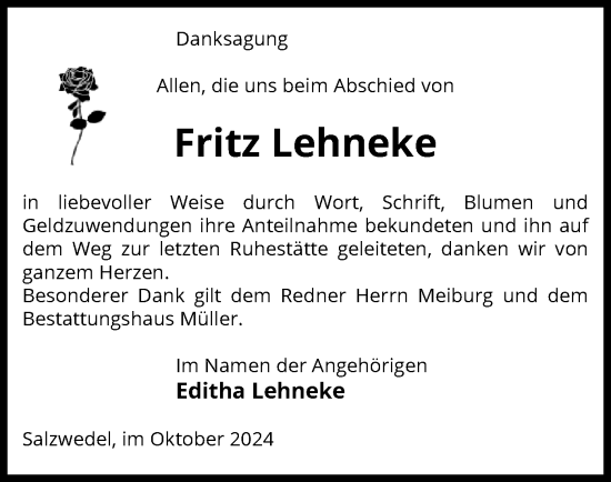 Traueranzeige von Fritz Lehneke von UEL