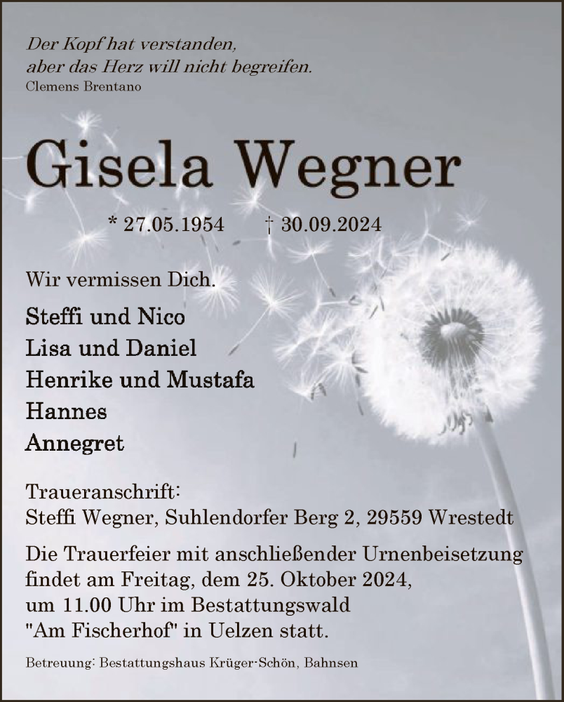  Traueranzeige für Gisela Wegner vom 05.10.2024 aus UEL