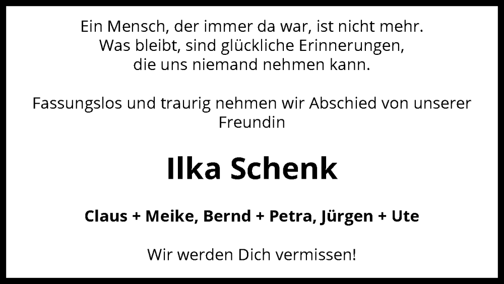  Traueranzeige für Ilka Schenk vom 26.10.2024 aus UEL