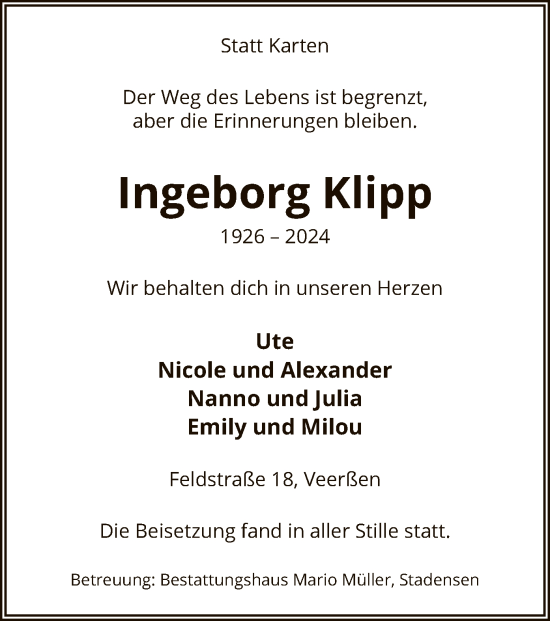 Traueranzeige von Ingeborg Klipp von UEL