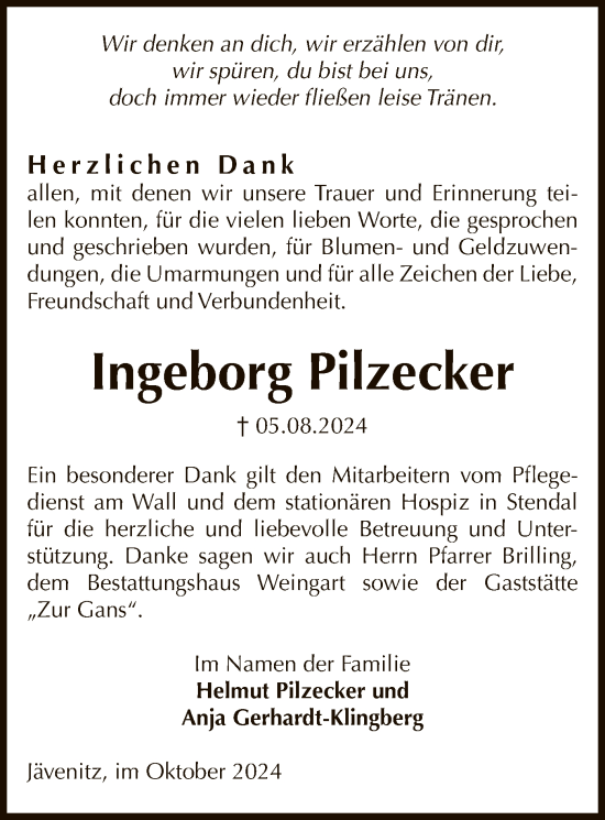 Traueranzeige von Ingeborg Pilzecker von UEL