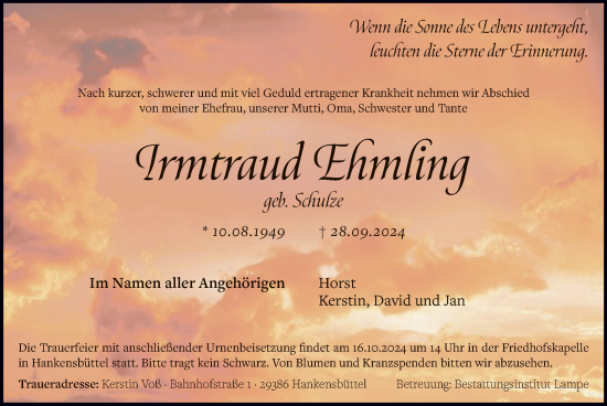 Traueranzeige von Irmtraud Ehmling von UEL