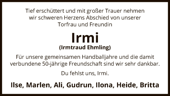 Traueranzeige von Irmtraud Ehmling von UEL