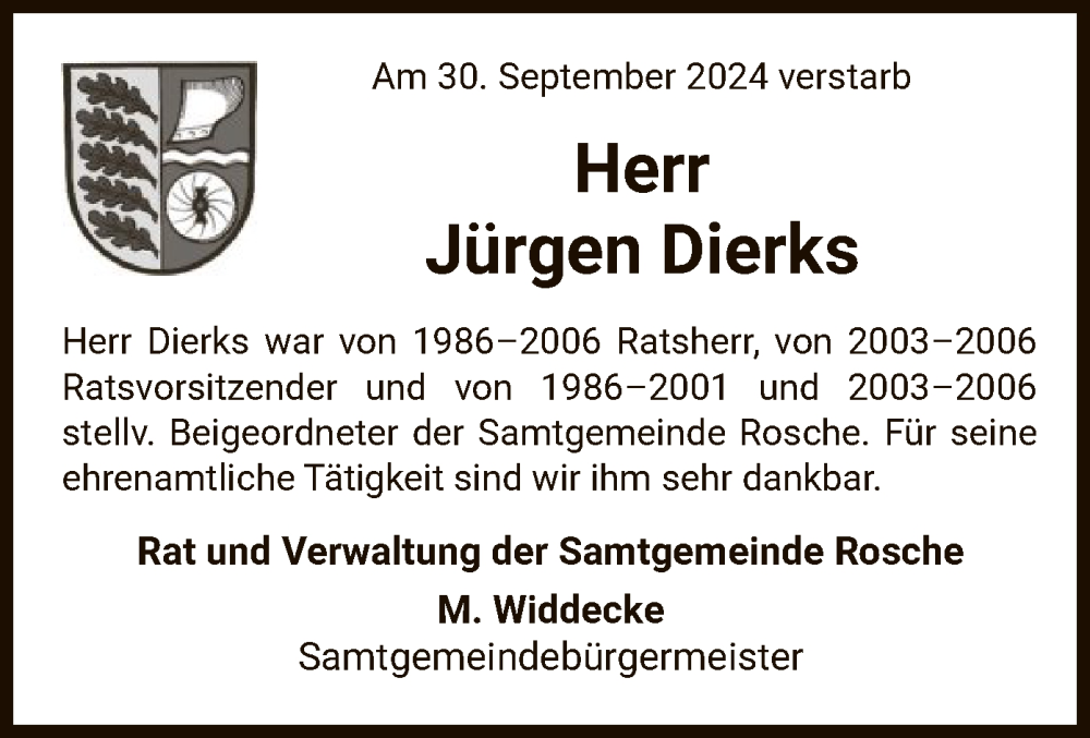  Traueranzeige für Jürgen Dierks vom 05.10.2024 aus UEL