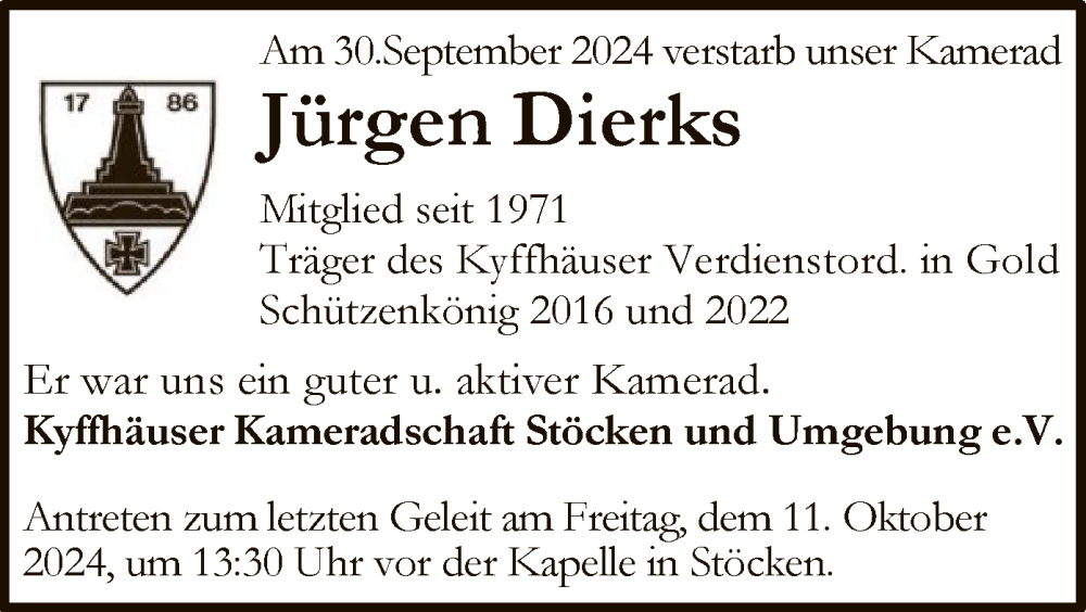  Traueranzeige für Jürgen Dierks vom 05.10.2024 aus UEL