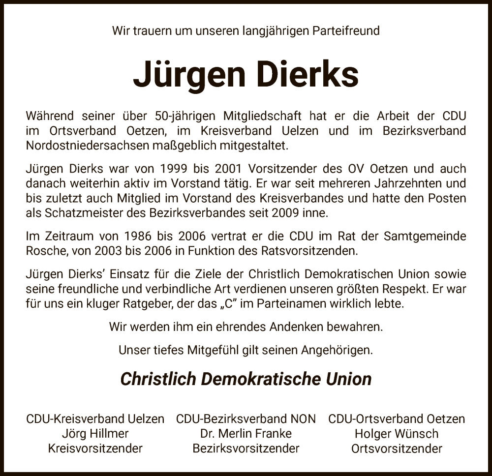  Traueranzeige für Jürgen Dierks vom 05.10.2024 aus UEL