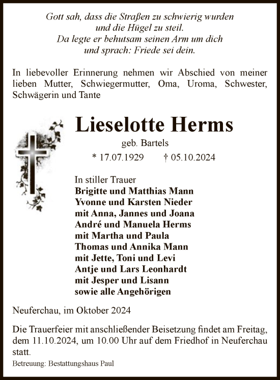 Traueranzeige von Lieselotte Herms von UEL