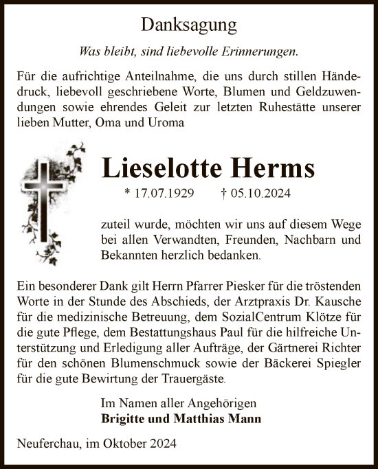 Traueranzeige von Lieselotte Herms von UEL