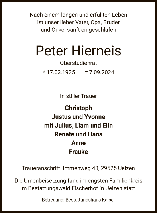 Traueranzeige von Peter Hierneis von UEL