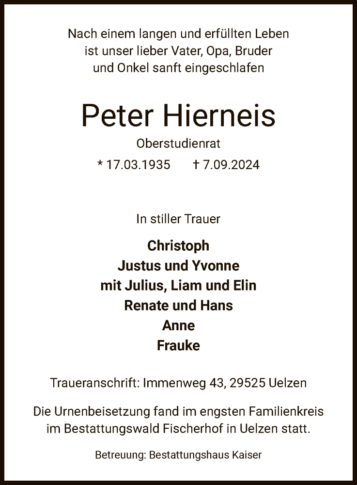  Traueranzeige für Peter Hierneis vom 05.10.2024 aus UEL