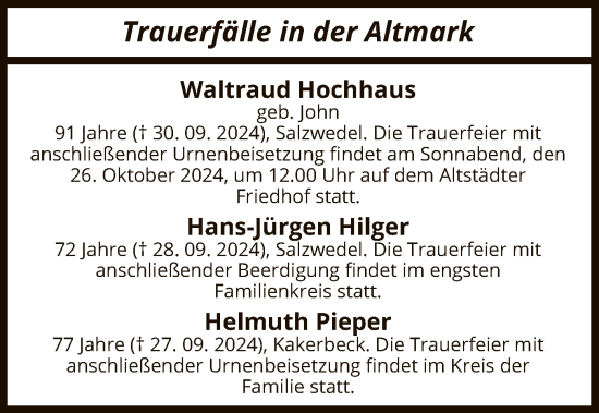 Traueranzeige von Sterbetafel vom 05.10.2024 von UEL