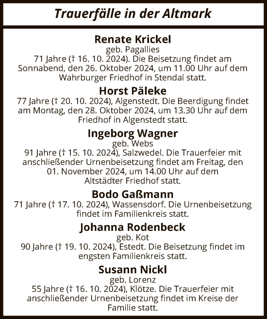 Traueranzeige von Sterbetafel vom 24.10.2024 von UEL