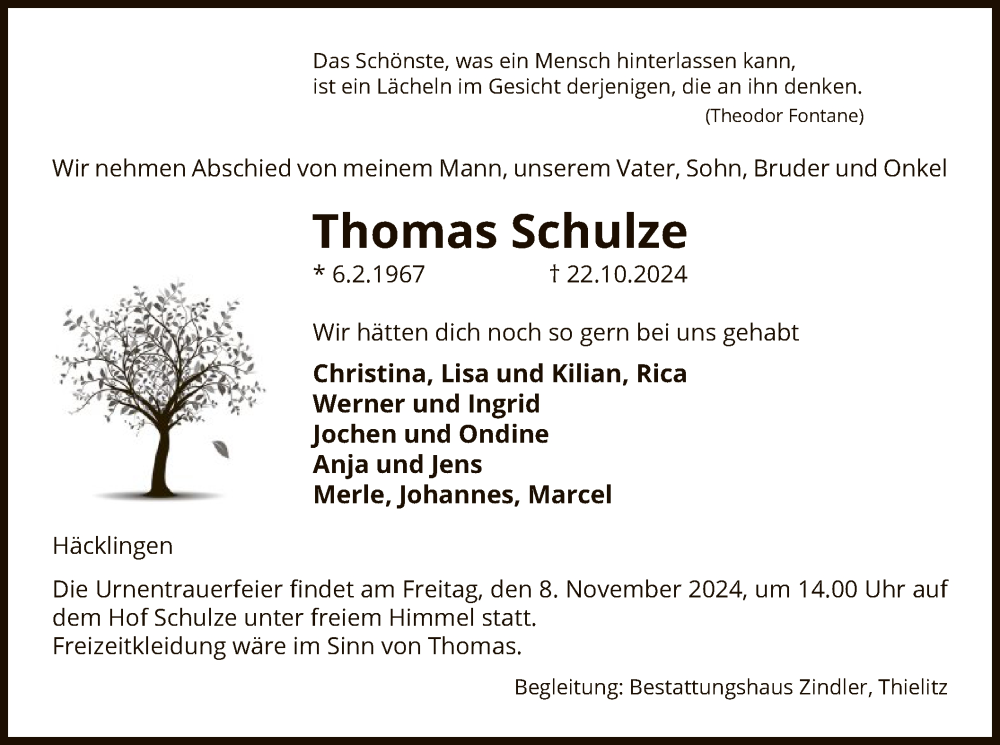  Traueranzeige für Thomas Schulze vom 26.10.2024 aus UEL