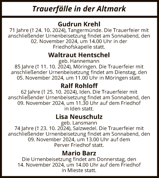 Traueranzeige von Trauerfälle  von UEL