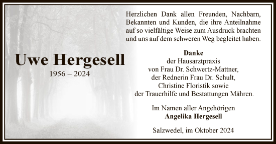 Traueranzeige von Uwe Hergesell von UEL