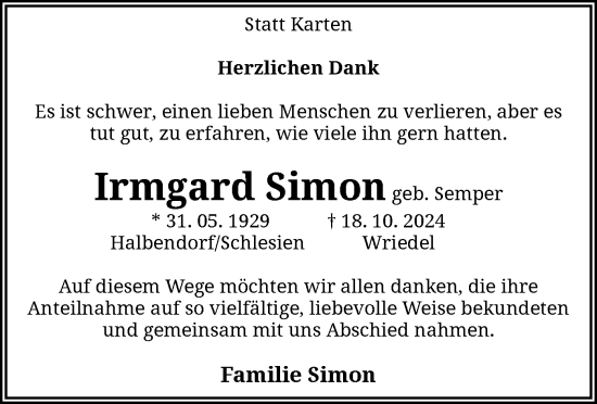 Traueranzeige von Irmgard Simon von UEL 