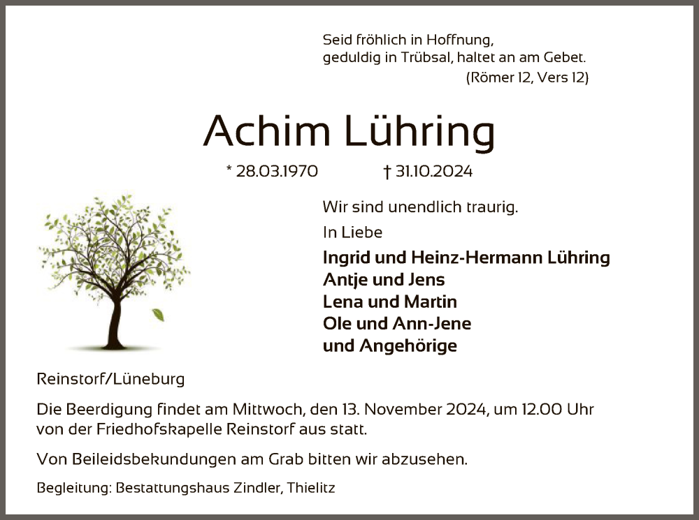  Traueranzeige für Achim Lühring vom 08.11.2024 aus UEL