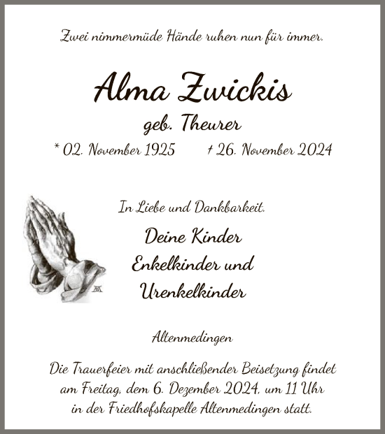 Traueranzeige von Alma Zwickis von UEL