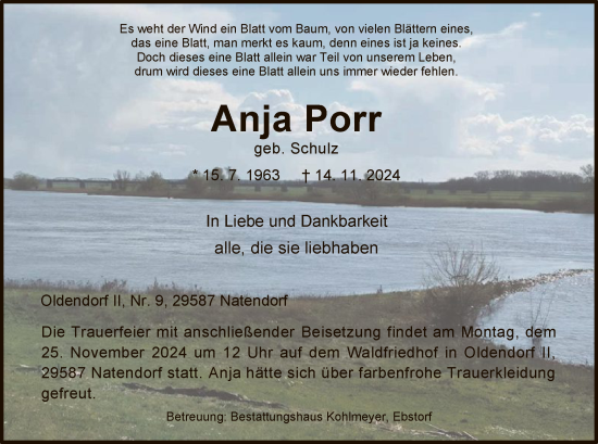 Traueranzeige von Anja Porr von UEL