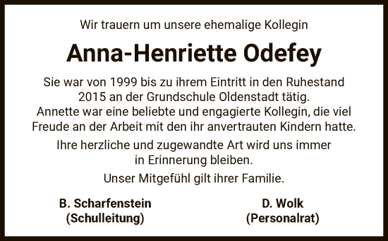 Traueranzeige von Anna-Henriette Odefey von UEL