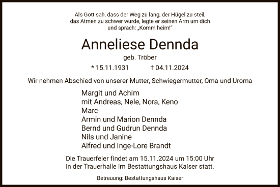 Traueranzeige von Anneliese Dennda von UEL