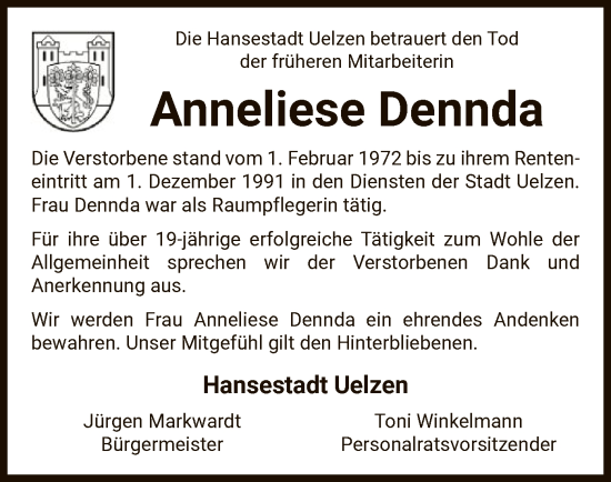 Traueranzeige von Anneliese Dennda von UEL