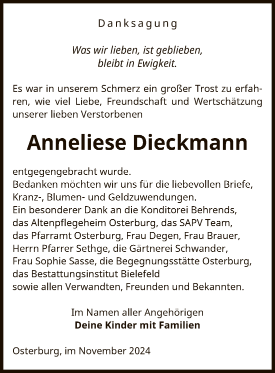 Traueranzeige von Anneliese Dieckmann von UEL