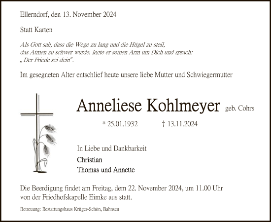 Traueranzeige von Anneliese Kohlmeyer von UEL